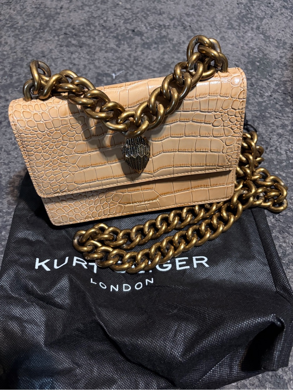 Kurt Geiger Tan Croc-Embossed Shoulder Bag with Antique Gold Chain